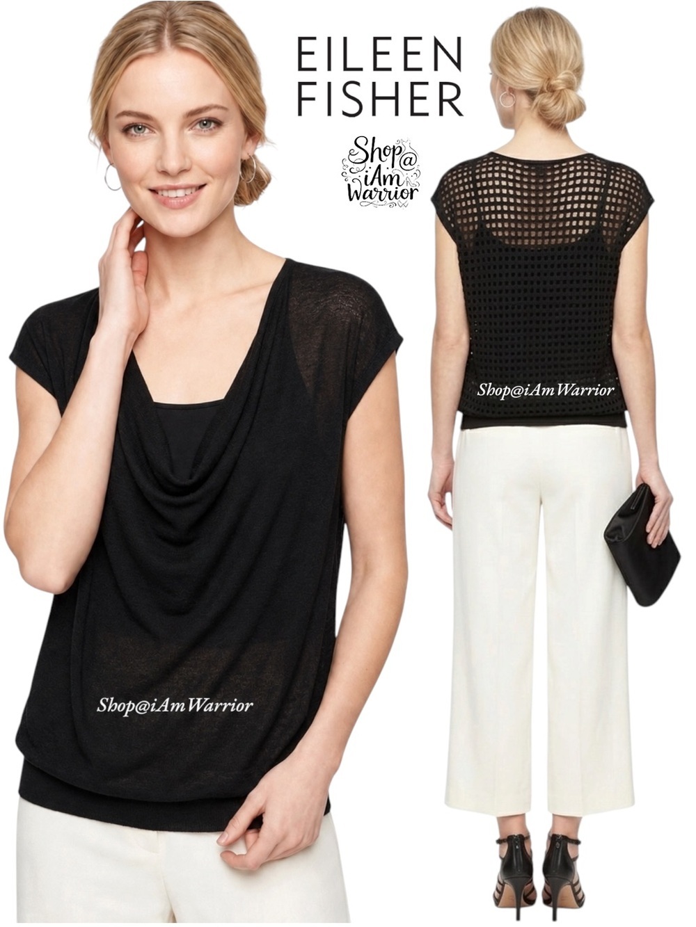Eileen Fisher Black Windowpane Mesh Draped Top *Shop@Iamwarrior